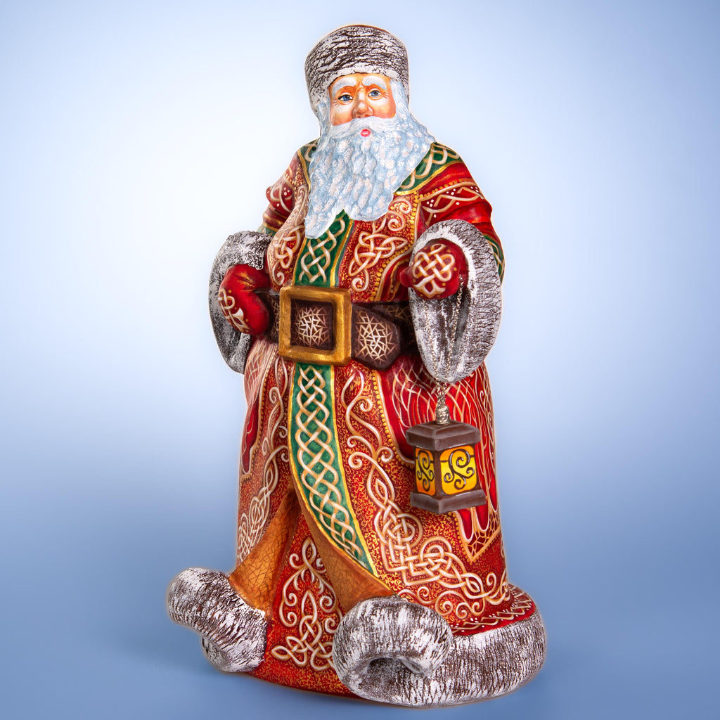 Hand carved wooden Santa figurine 14 inch, Celtic knot pattern, lantern display
