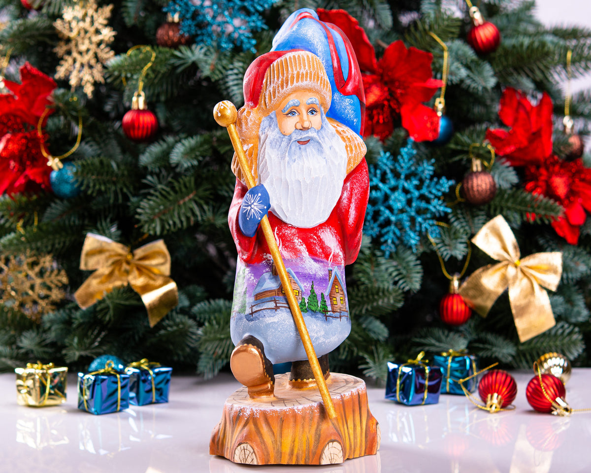 Hand carved Old-World Santa figurine 11.4 inch, snowy village artwork, rustic lodge shelf decor