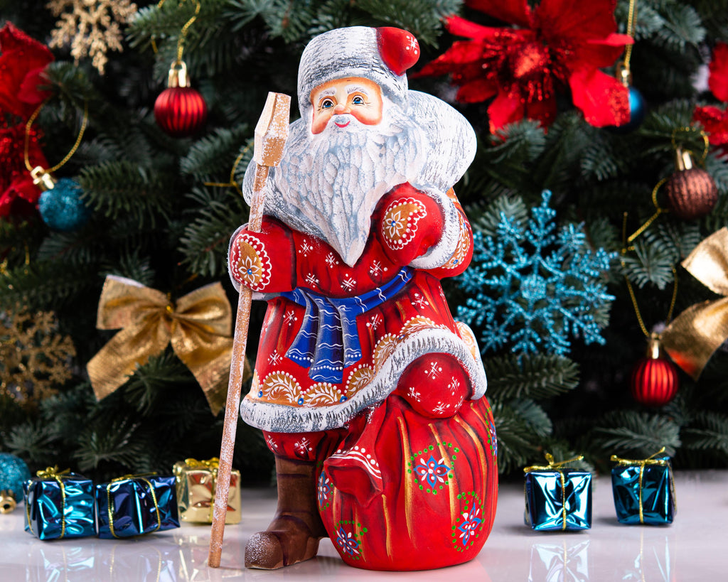 Hand carved Santa wooden figurine 9.5 inch, toy sack, mantel decor