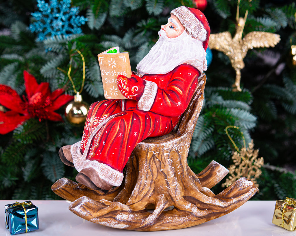 Hand carved wooden Santa figurine 9.4 inch, rocking chair Christmas story decor