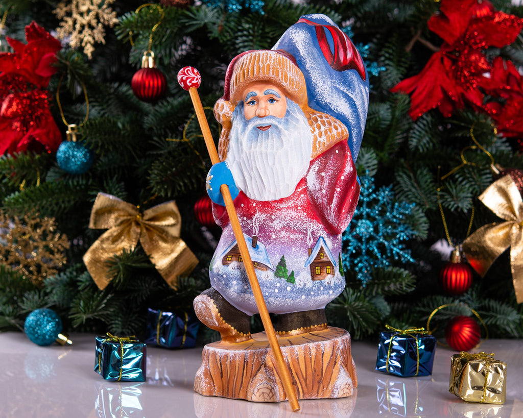 Hand carved Santa Claus figurine 10 inch, village landscape, holiday table centerpiece
