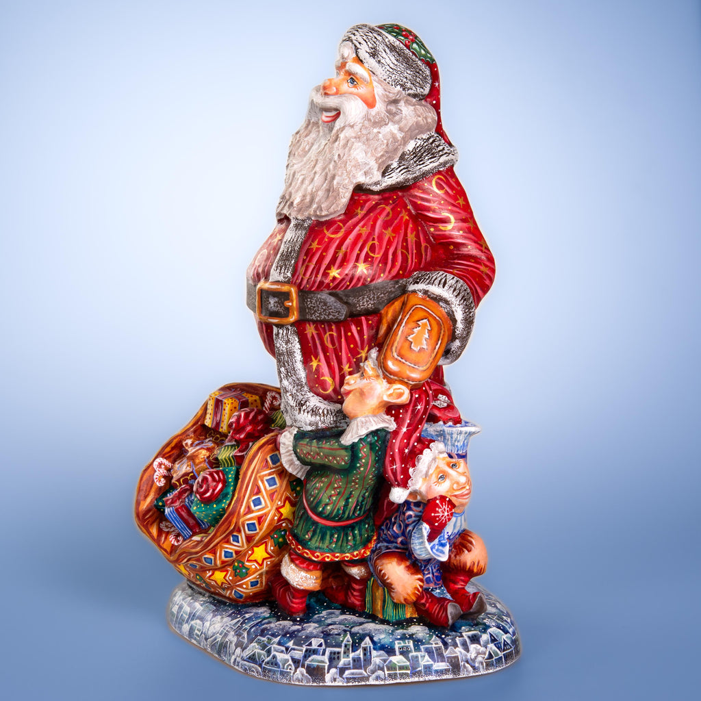 Hand carved wooden Santa figurine 14 inch, elves, mantel decor
