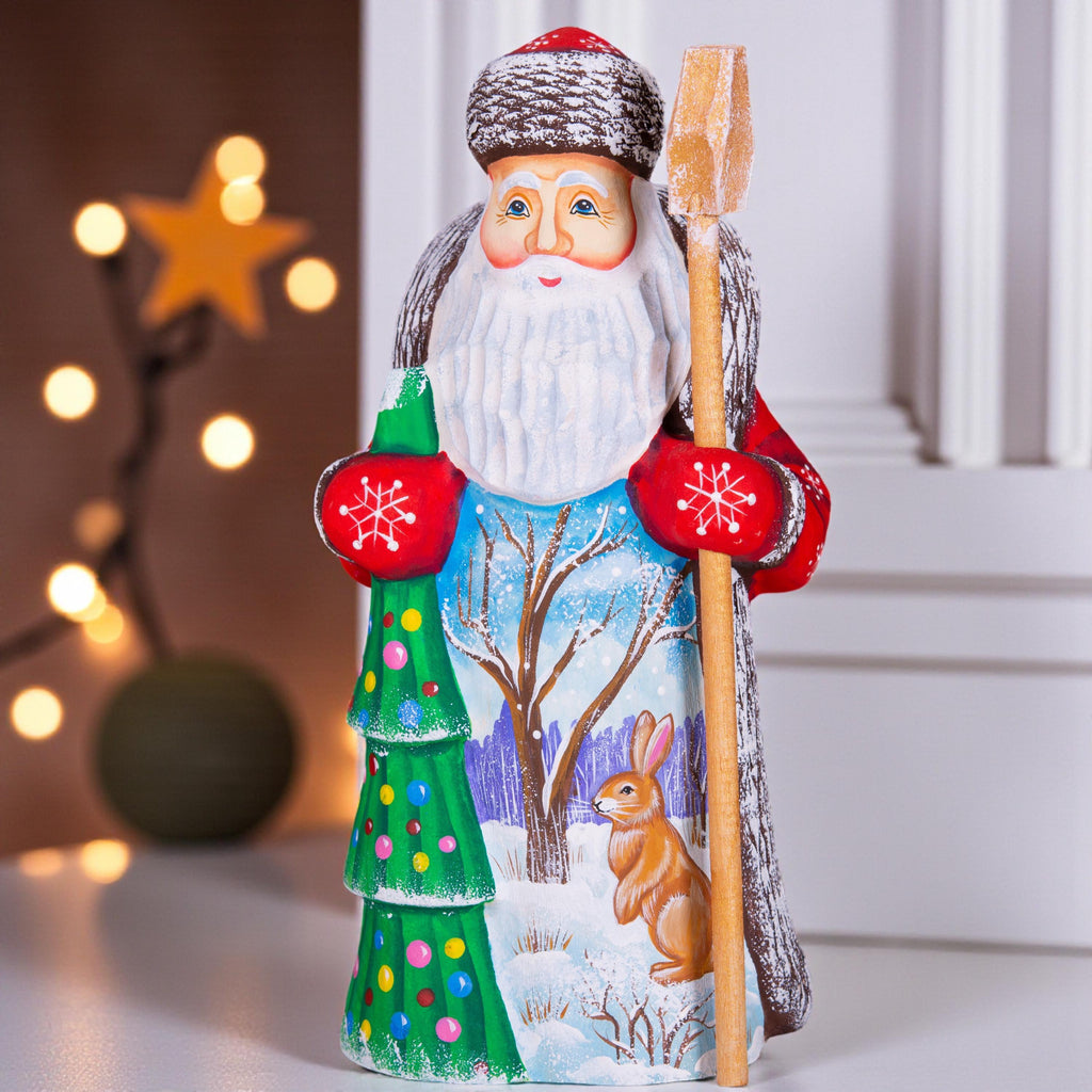 Hand carved Santa wooden figurine 8.3 inch, winter rabbit scene, Christmas mantel decor