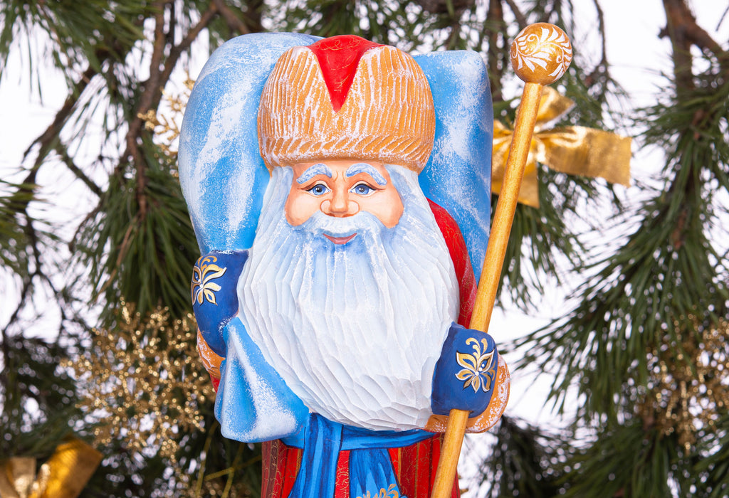 Hand carved wooden Santa figurine 13.8 inch, winter woodland animals artwork, mantel decor