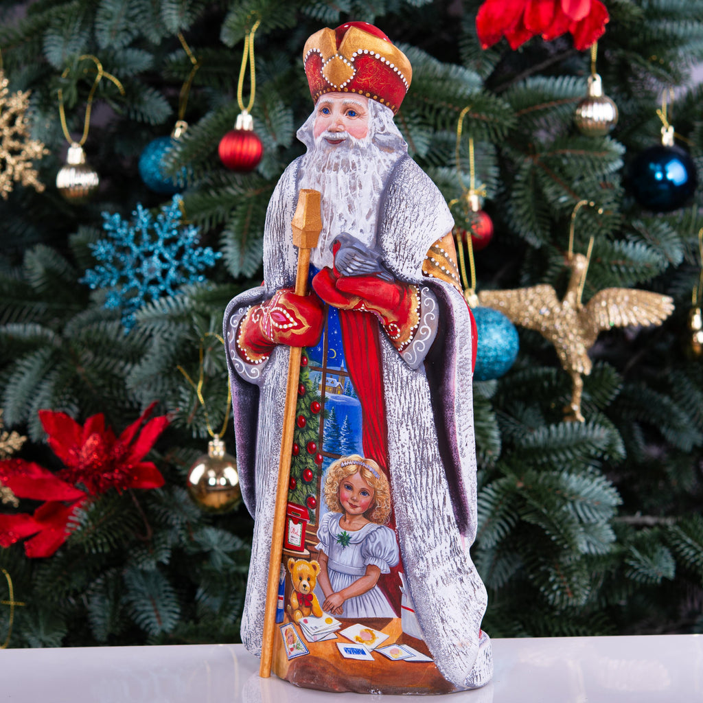St Nicholas Figurine 13 inch, Hand Carved Wood, Miter Hat, Child Letter Scene