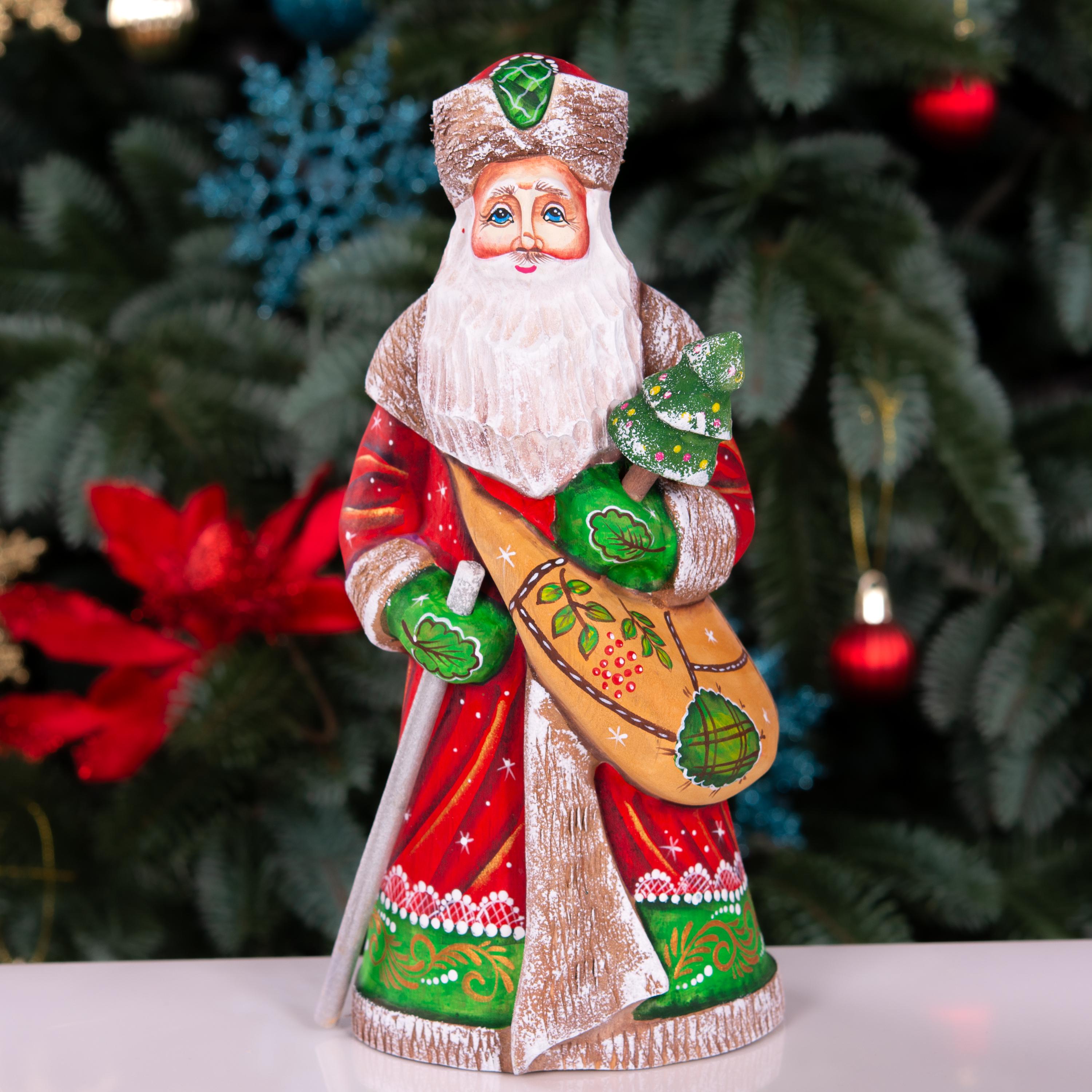 Hand-Carved Wooden Saint Nicholas Figurine 9", Small Tree, Christmas Shelf Decor
