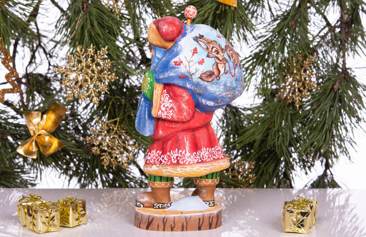 Woodland Santa wooden figurine 10 inch, squirrels with berries, Christmas mantel decor