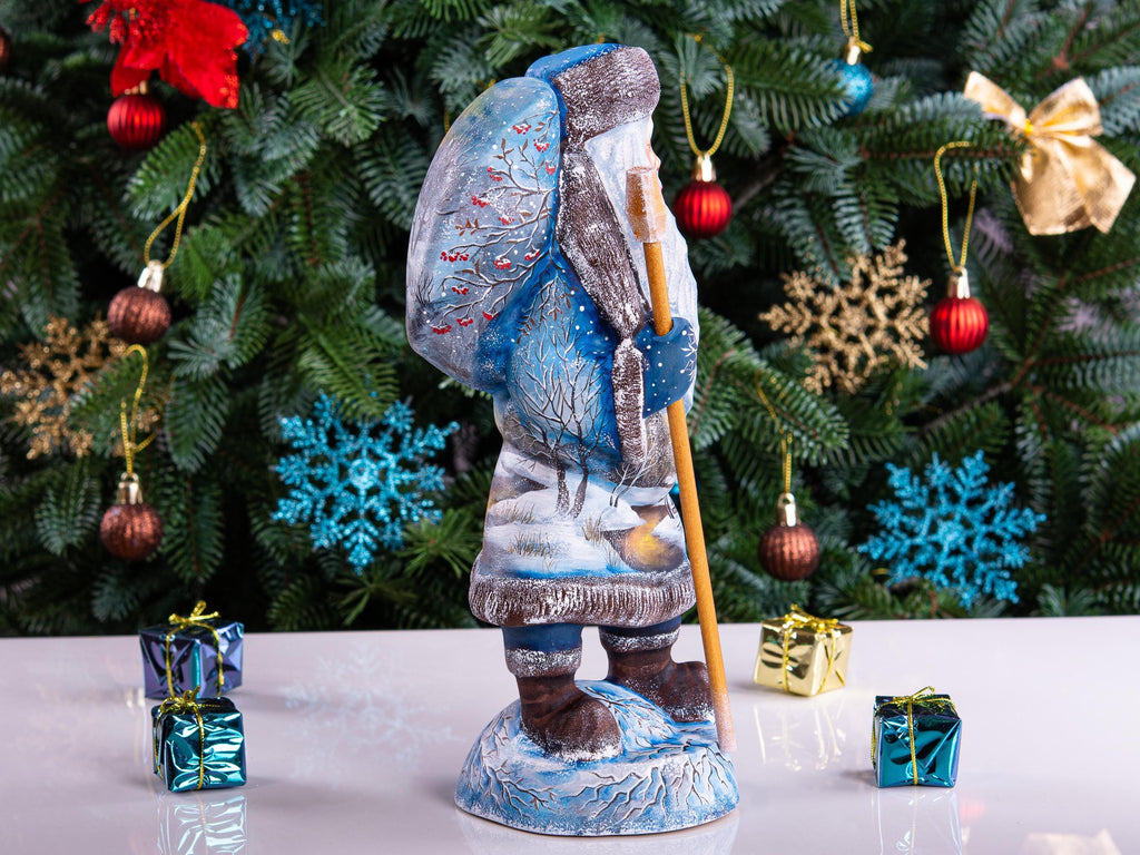 Hand carved Old-World Santa wooden figurine 11 inch, winter village landscape, mantel decor