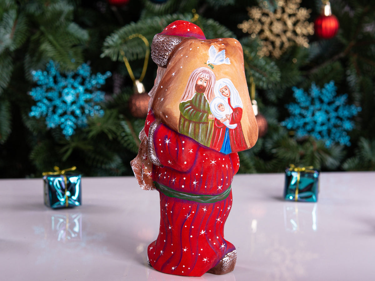 Hand carved Santa wooden figurine 7 inch, Holy Family scene