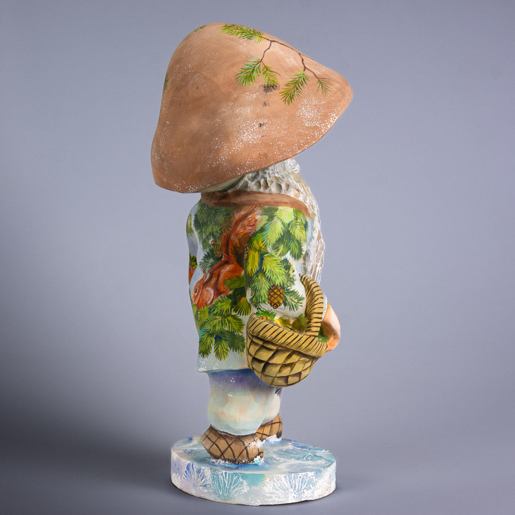 Hand Carved Wooden Mushroom Man Figurine 11 inch: Owl, Squirrel & Bullfinch