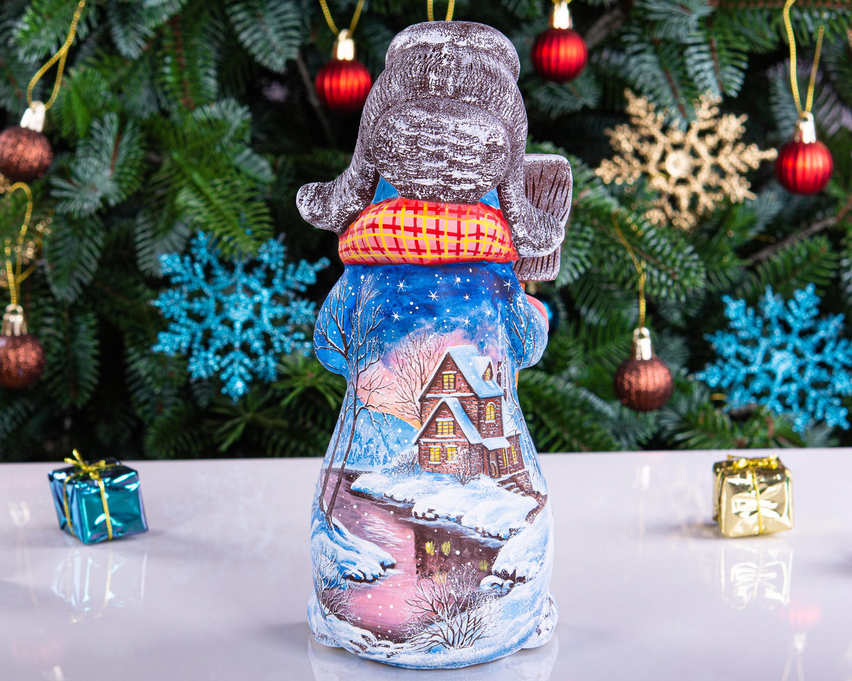 Hand Carved Wooden Snowman Figurine: Artist Painted Winter Cottage Decor