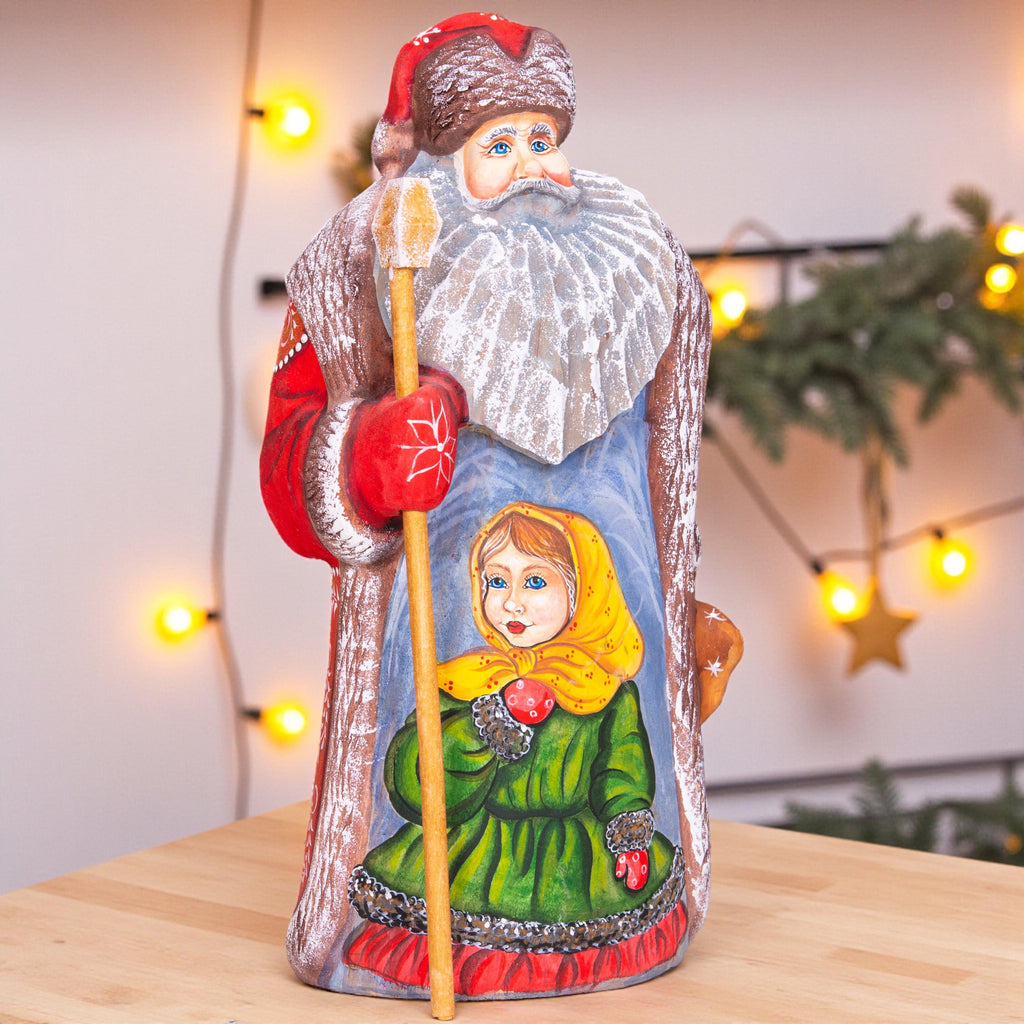 Vintage inspired Russian Santa carving 9.5 inch wooden figure, girl in mittens, Christmas display