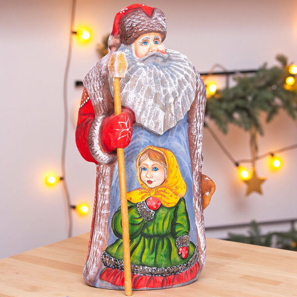 Vintage inspired Russian Santa carving 9.5 inch wooden figure, girl in mittens, Christmas display