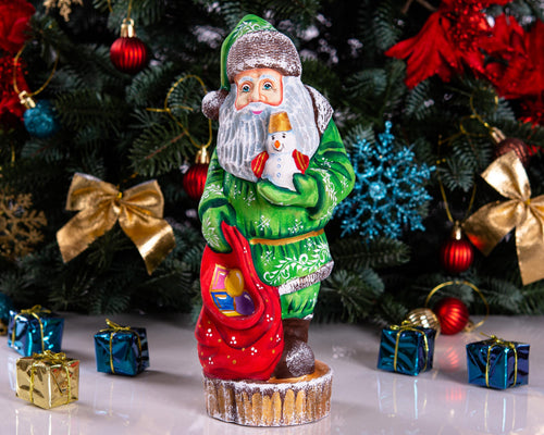 Collectible Santa figurine with snowman, folk art mantel decor, 10.2 inch