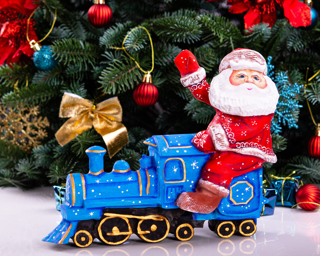 Hand Carved Wooden Santa Claus Figurine: Christmas Train Decor