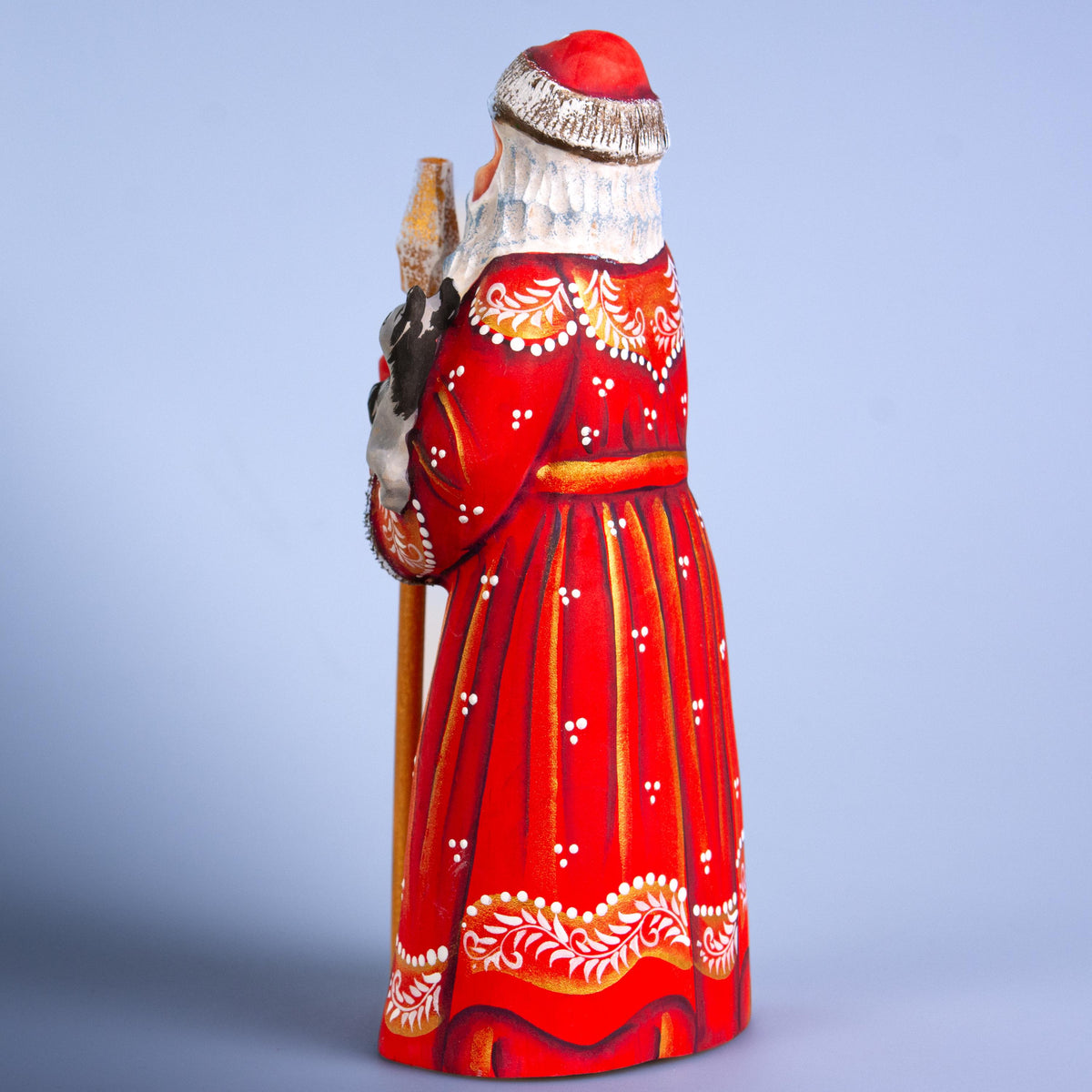 Wooden Santa figurine 9", hand carved Cat lover Accent for Mantel