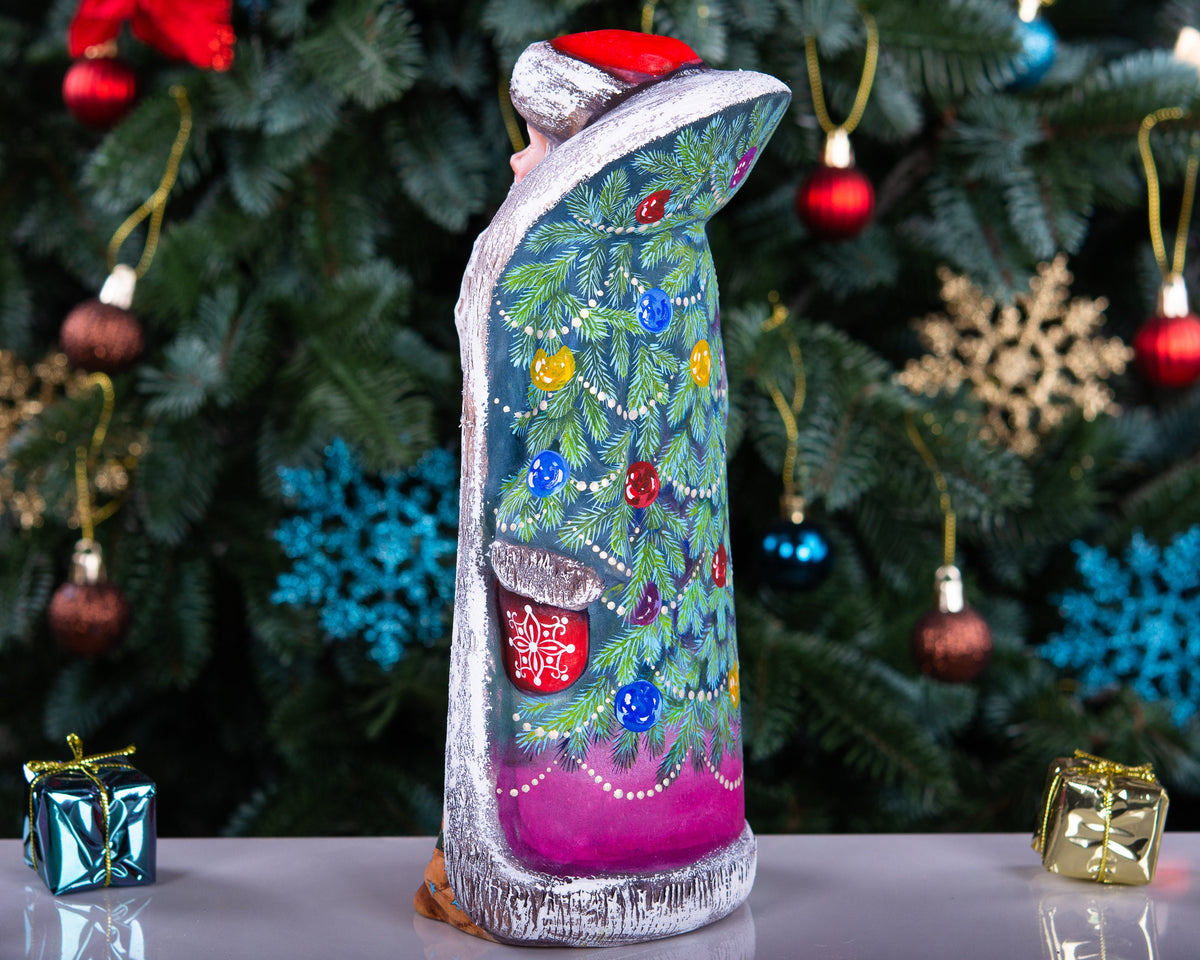 Wooden Santa Christmas figurine 9.5 inch, colorful tree and ornaments, gift for Santa lovers