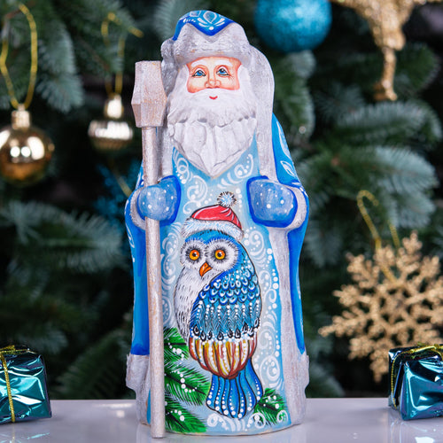 Hand carved blue Santa figurine 7 inch, owl painting, Nordic folk art centerpiece