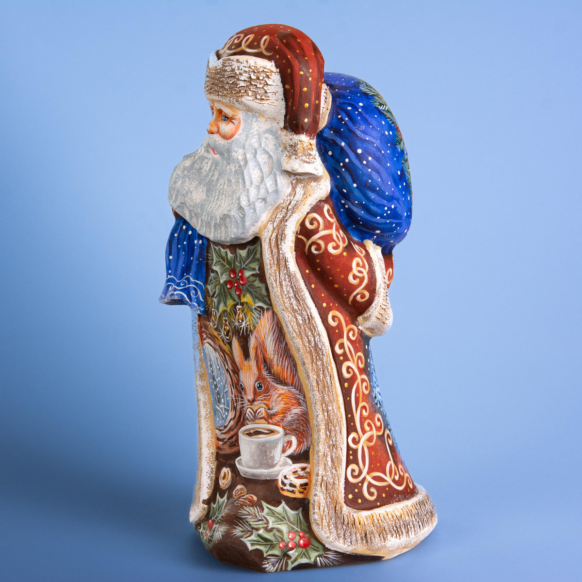 Hand Carved Santa Figure 9 inch: Snowy Cottage Scene, Signed Art