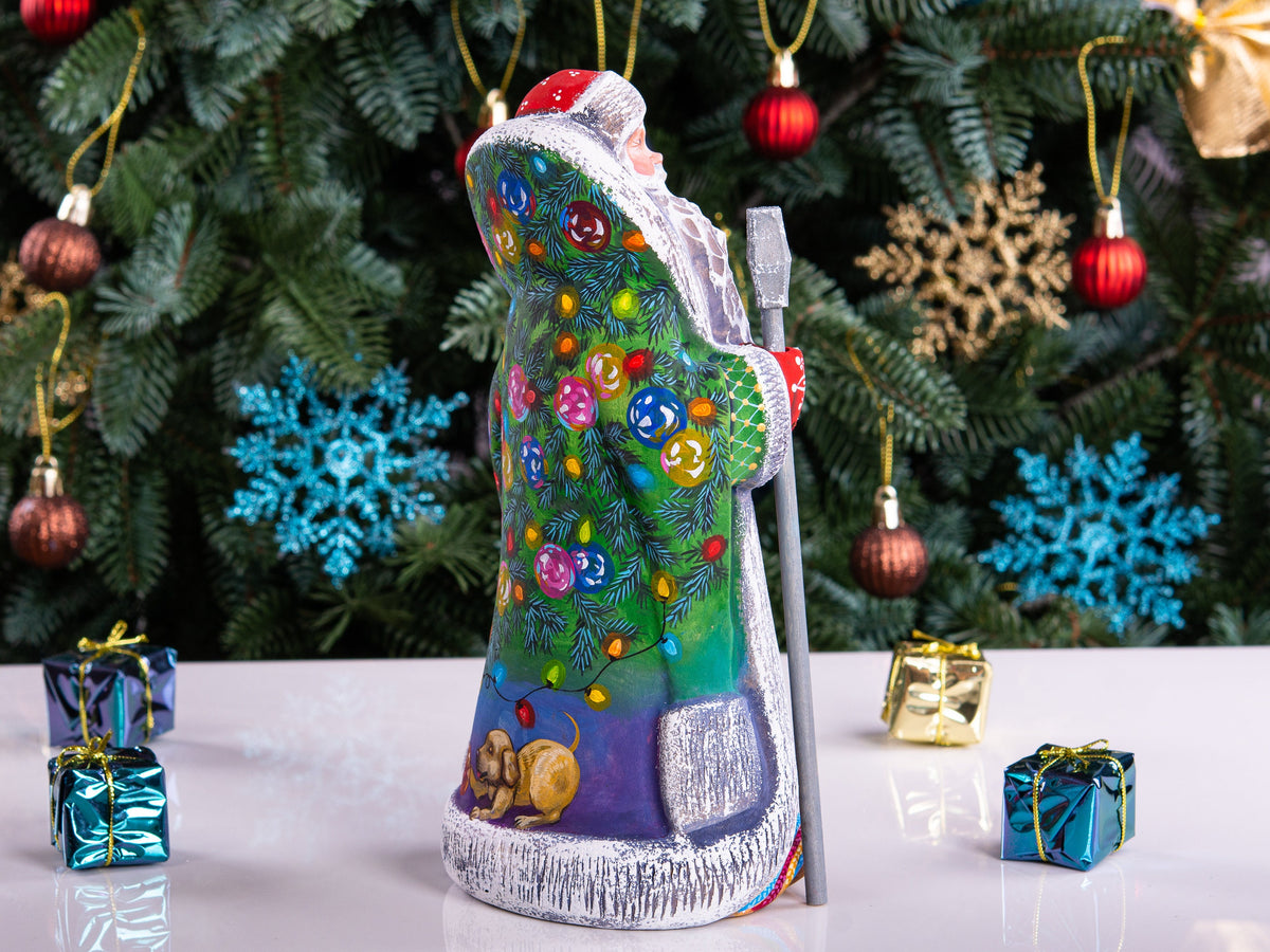 Collectible Santa Claus wooden figurine 9.5 inch, dog with presents, festive holiday shelf display