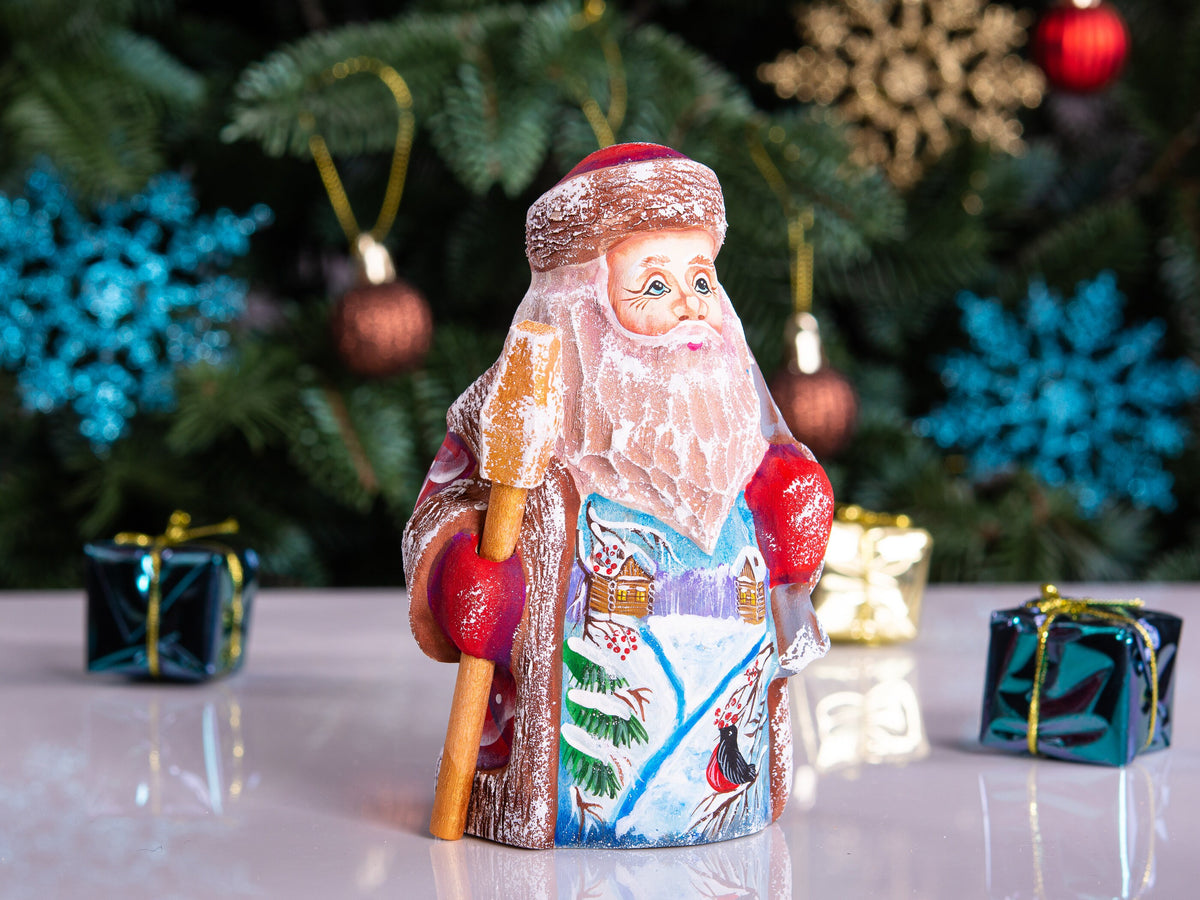 Small Santa Claus wooden figurine 5 inch, snowy forest painting, collectible holiday decor