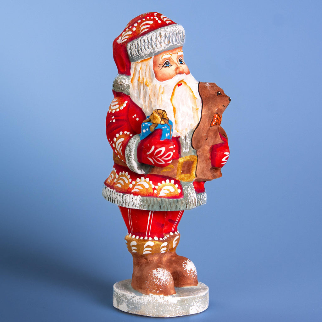 Hand carved wooden Santa figurine 7 inch, teddy bear toy, Christmas mantel decor