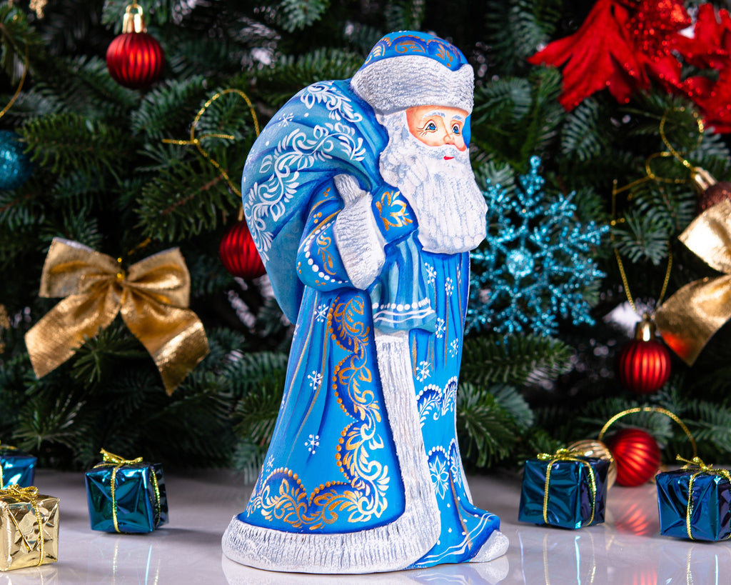 Wooden Santa Figurine in Blue with Sack 9", Hand Painted Shelf Decor