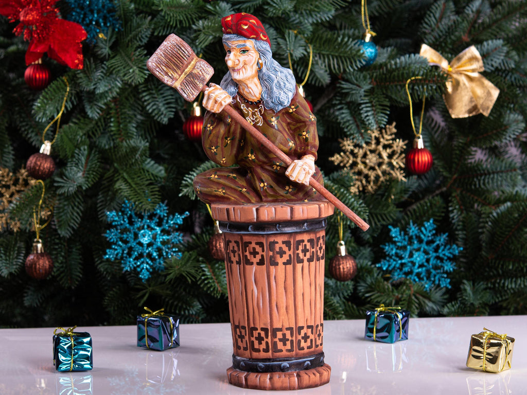 Hand carved Baba Yaga wood statue 11 inch, Slavic witch in mortar, shelf display