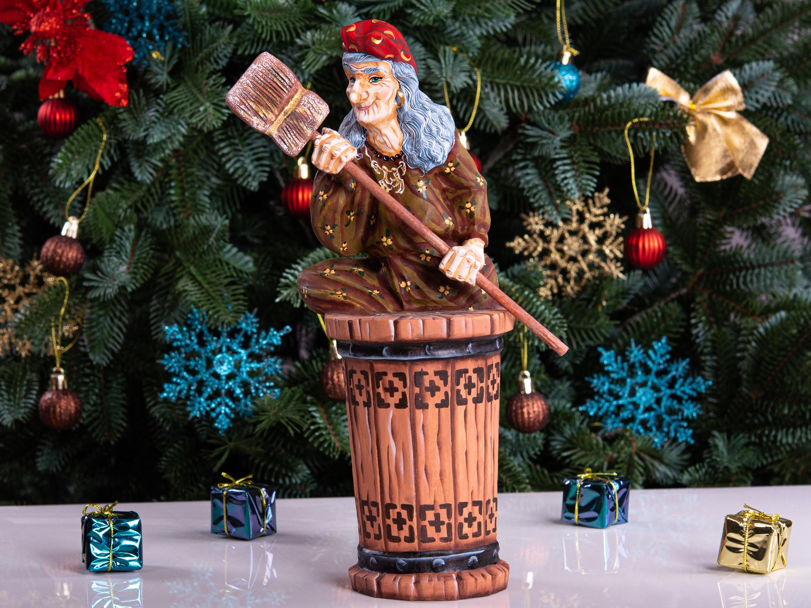 Hand carved Baba Yaga wood statue 11 inch, Slavic witch in mortar, shelf display