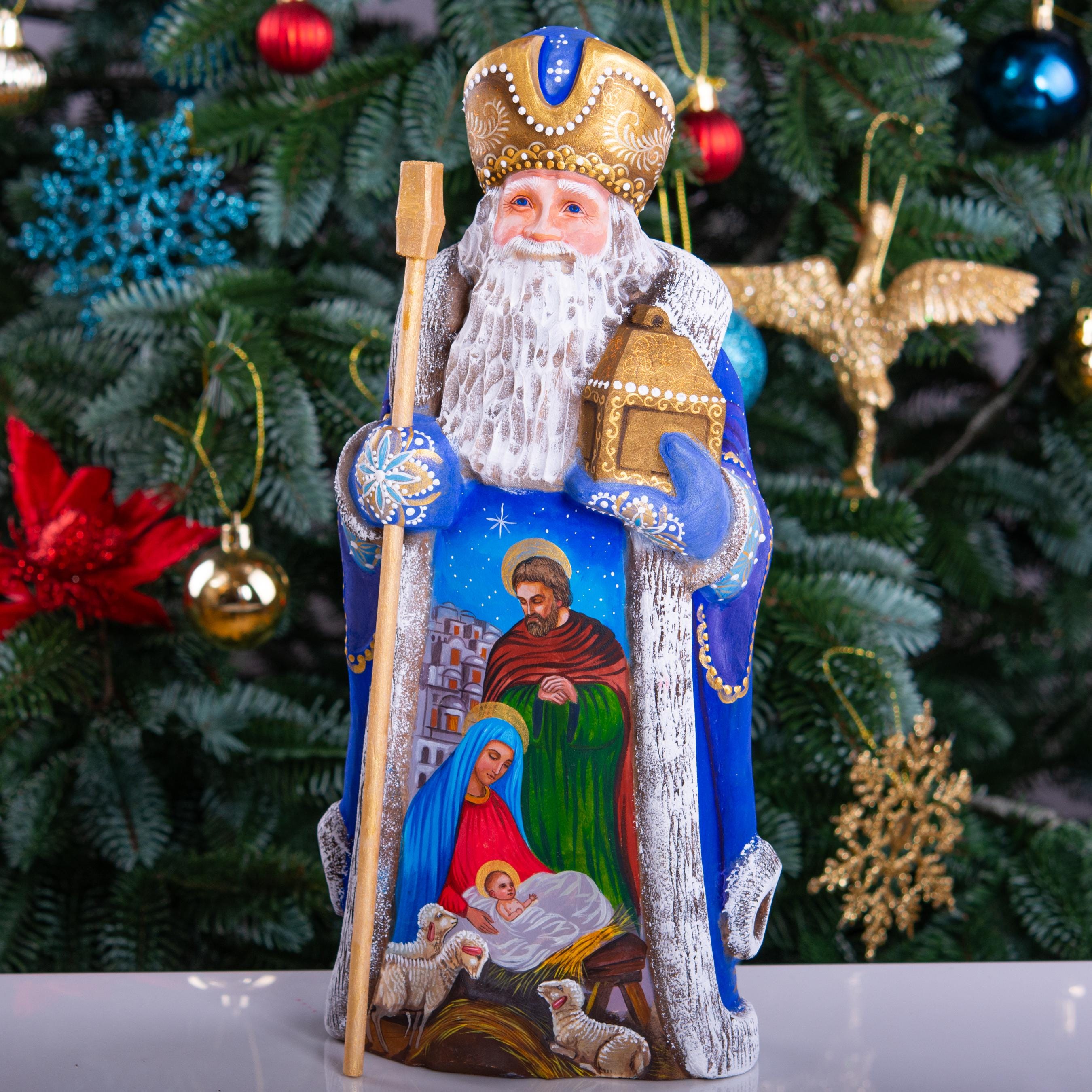 St Nicholas Figurine 12", Holy Family, Gold Staff, Christian Decor