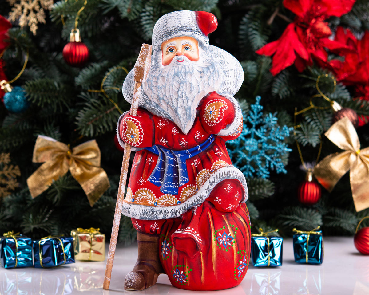Hand carved Santa wooden figurine 9.5 inch, toy sack, mantel decor