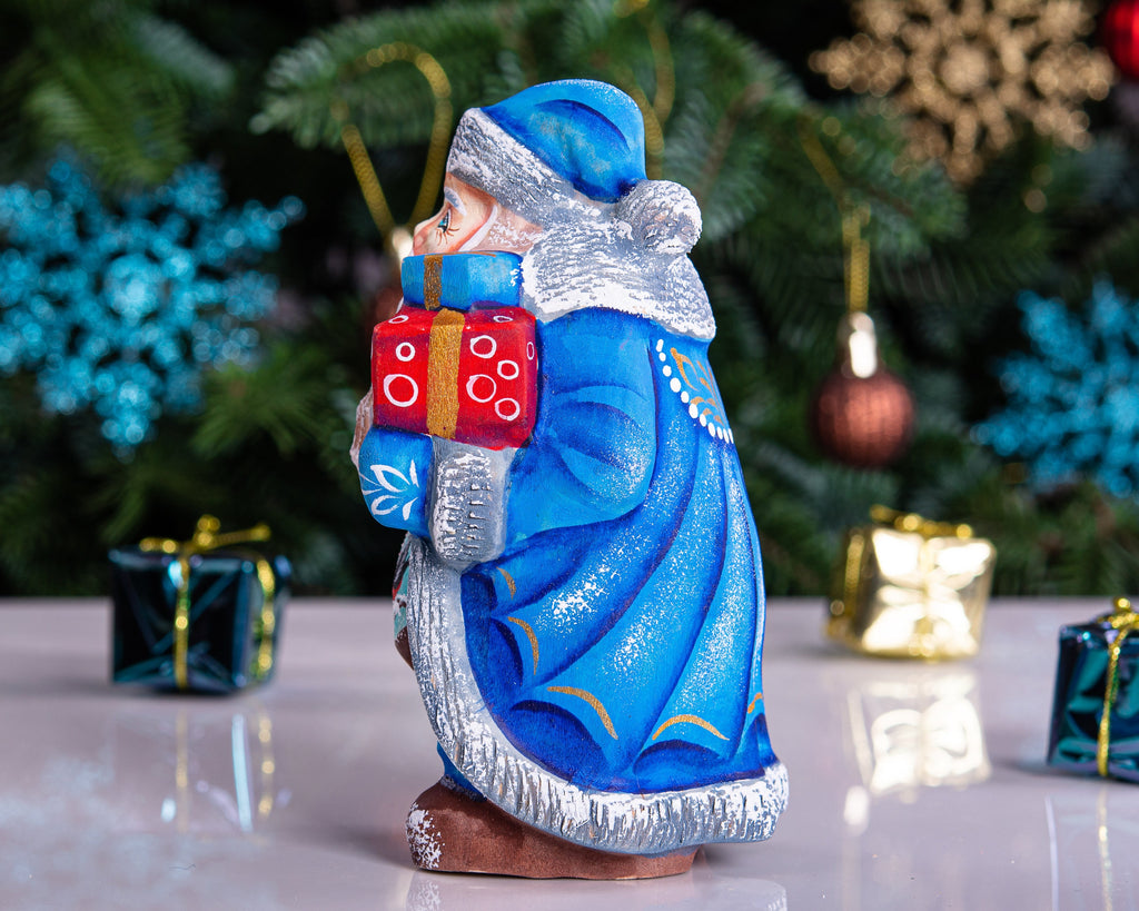 Santa Figurine Hand Carved Wood Bell and Gifts Bird Accents 5.5″