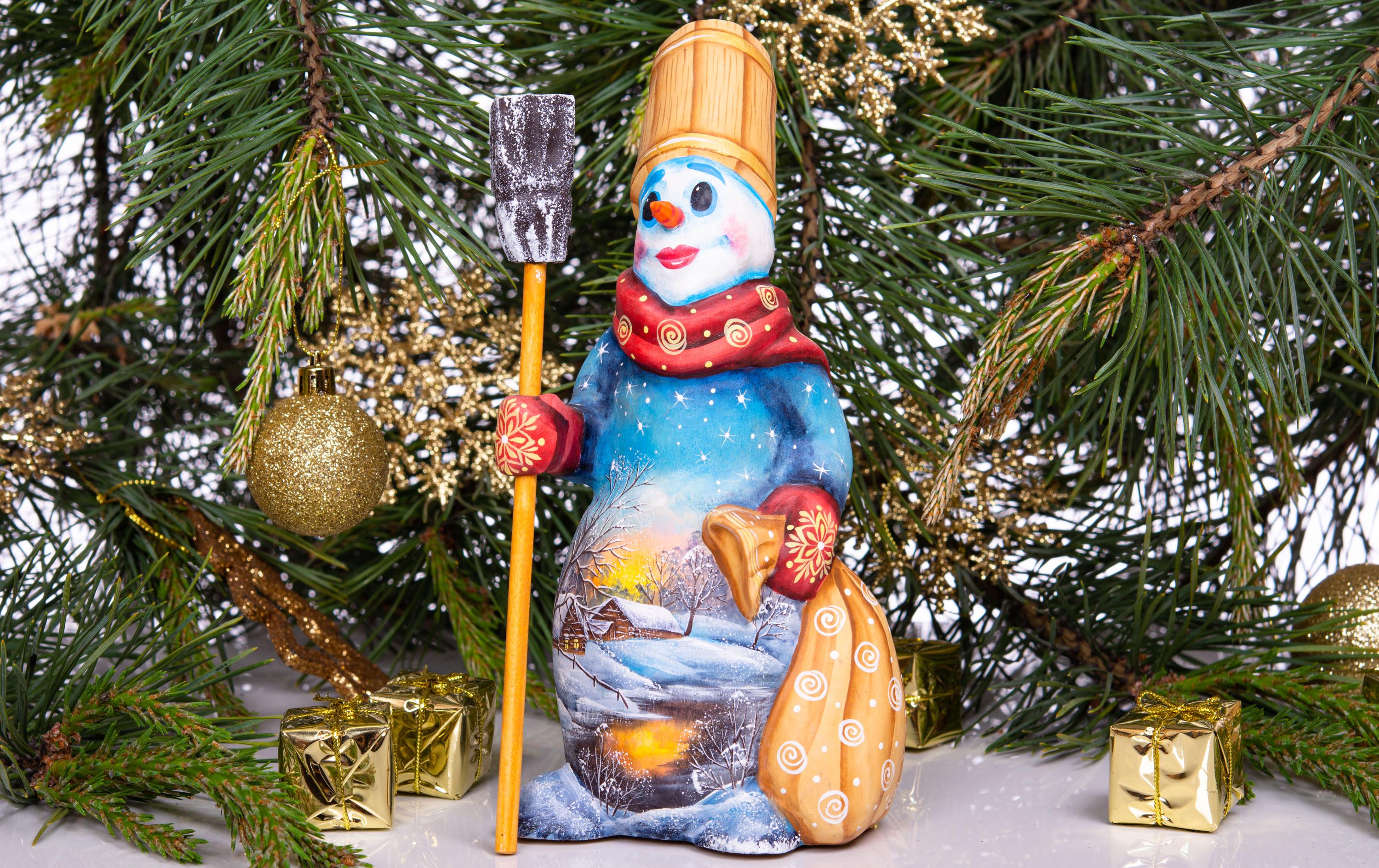 Snowman wooden figurine 8 inch, broom and sack, tabletop accent
