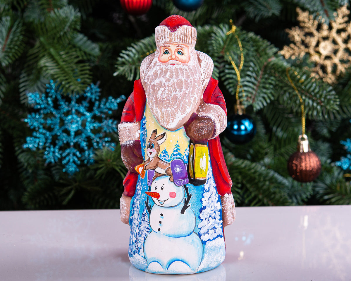 Hand carved wooden Santa figurine 7 inch, snowman and rabbit scene, mantel display