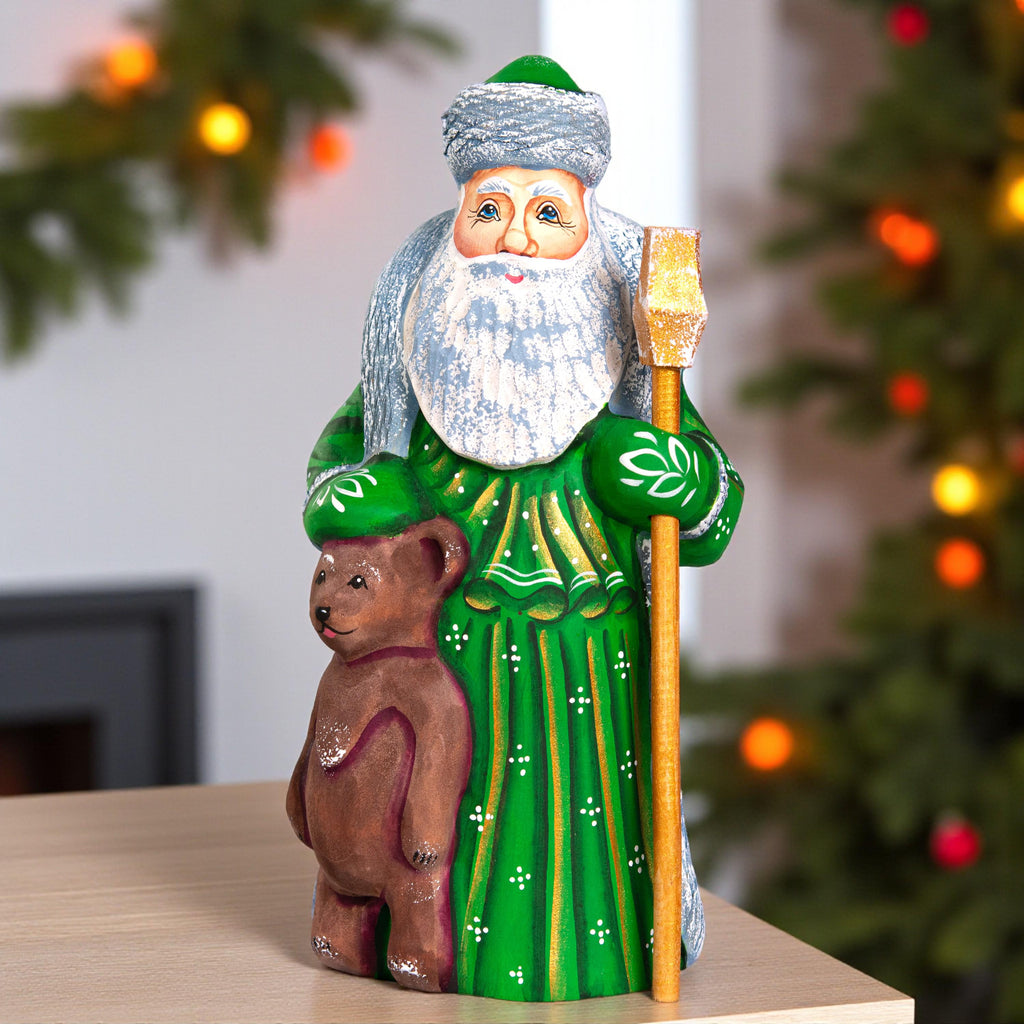 Hand Carved Wooden Santa and Bear Figurine: Rustic Christmas Decor