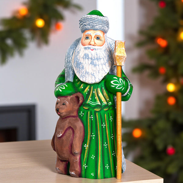 Hand Carved Wooden Santa and Bear Figurine: Rustic Christmas Decor