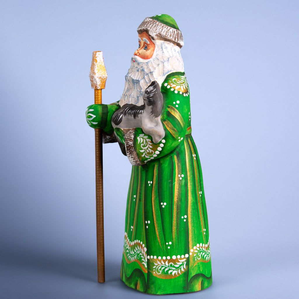 Santa figurine with cat and staff, hand painted carved wood, 9.1 inch