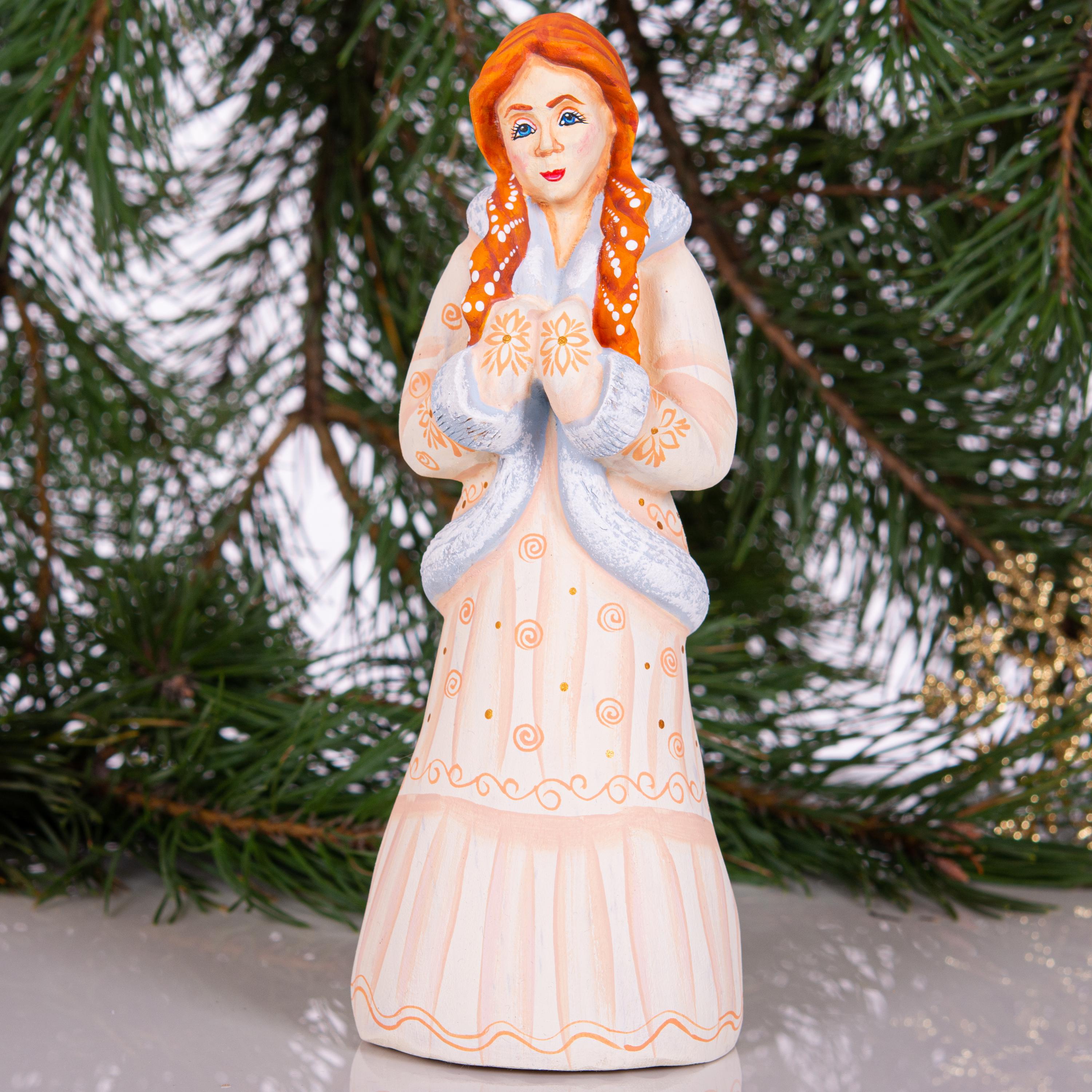 Hand carved Snow Maiden wooden figurine 8.2 inch, winter mantel decor
