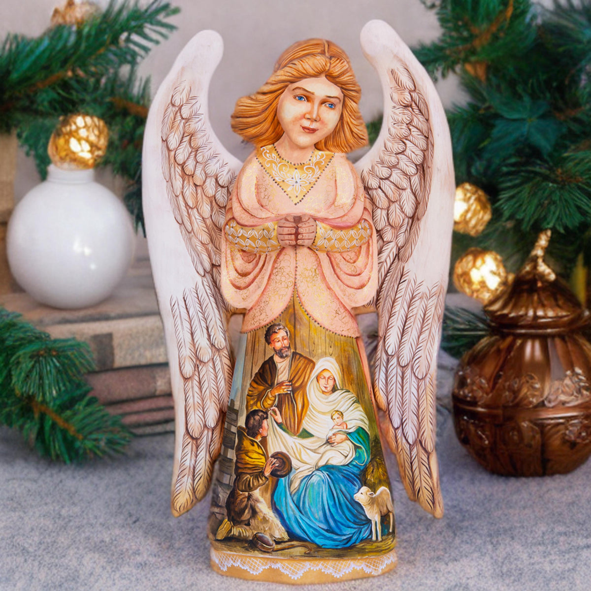 Hand Carved Wood Angel Statue: Nativity Art, Christian Decor