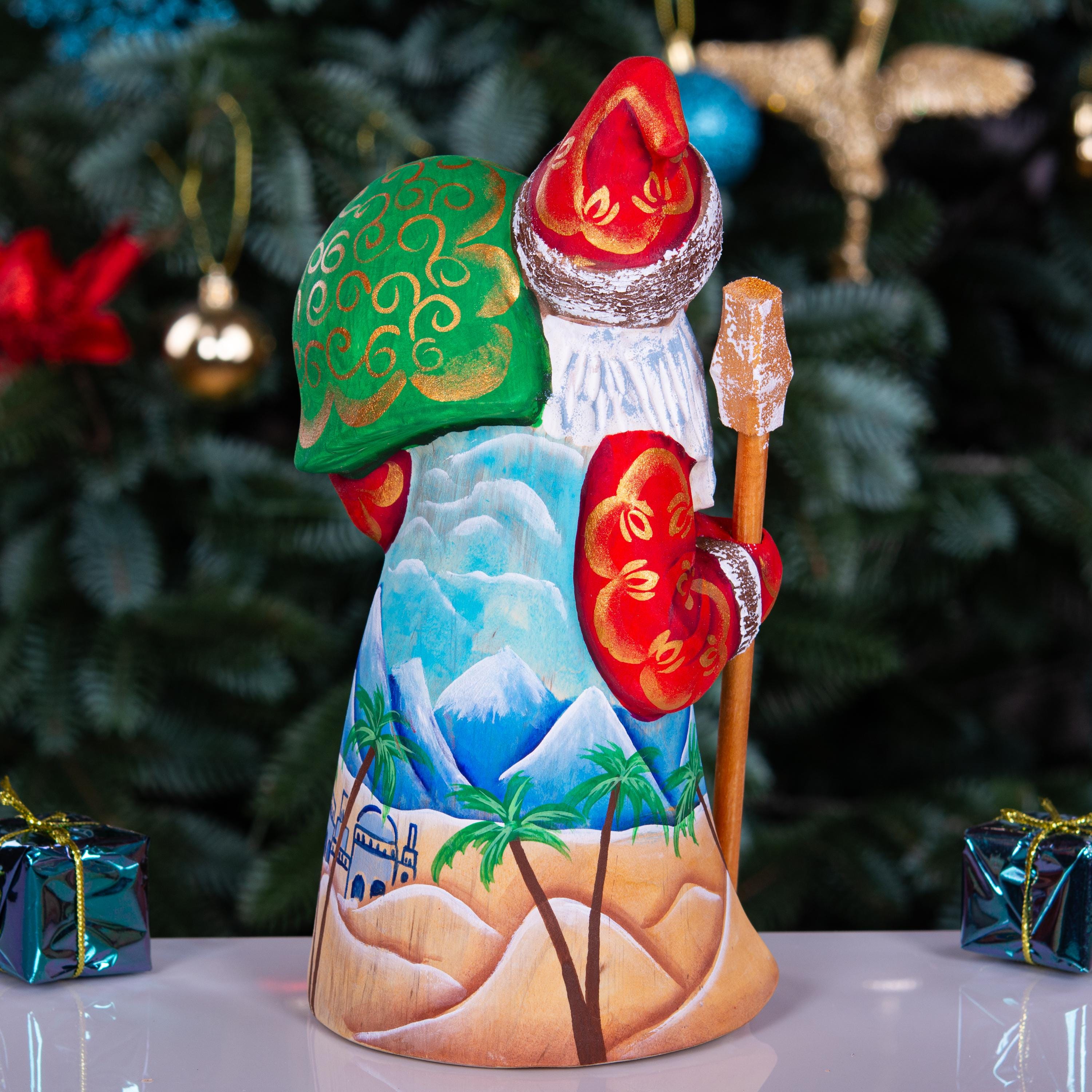 Nativity Santa wood statue 8 inch, Holy Family desert scene, religious shelf Christmas display