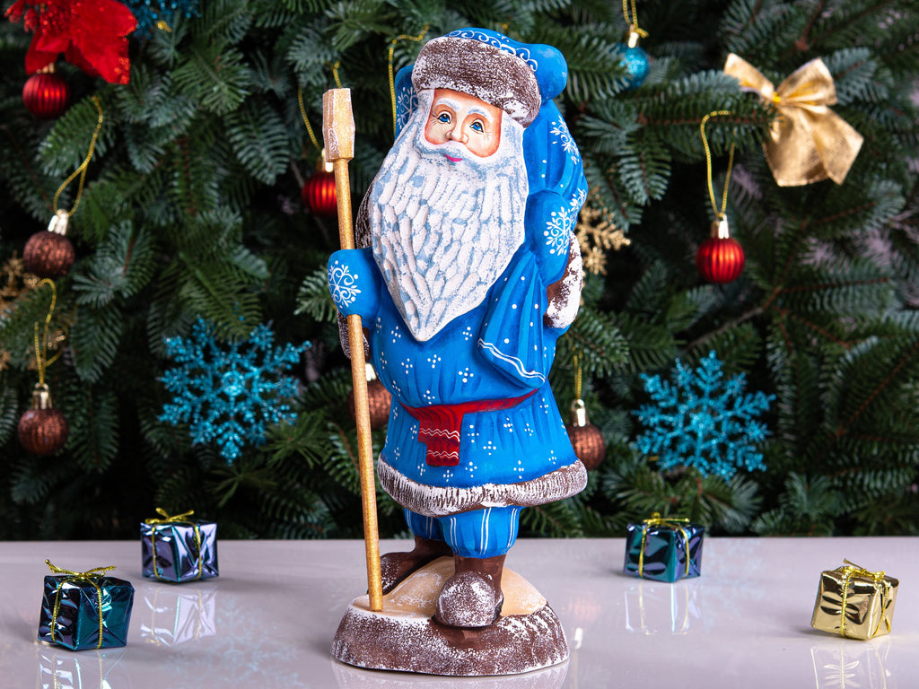 Hand carved blue Santa figurine 11 inch, gift sack, mantel decor