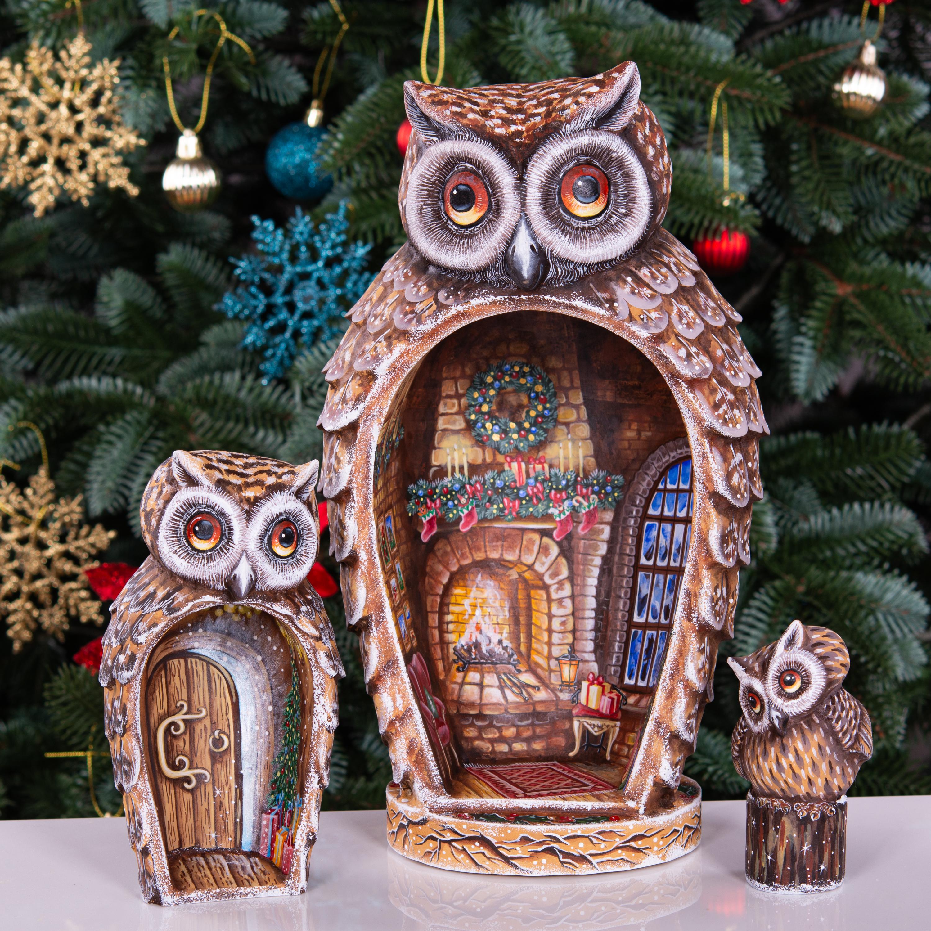 Hand Carved Christmas Owl Figurines: Wooden Nesting Set with Hand-Painted Fireplace Interiors