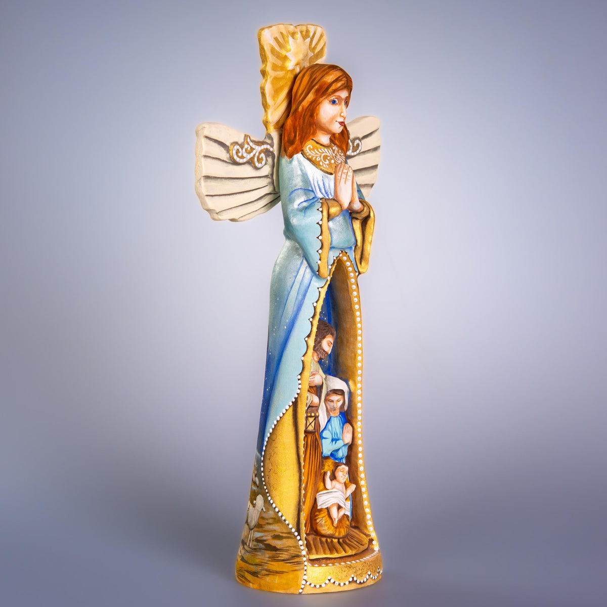 Hand carved wooden angel figurine 13 inch, Bethlehem star shepherds scene, mantel decor