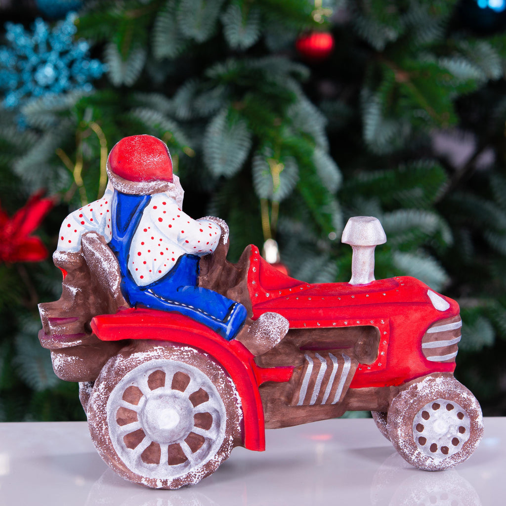 Hand-Carved Wooden Santa Claus Figurine on Tractor: Christmas Home Decor