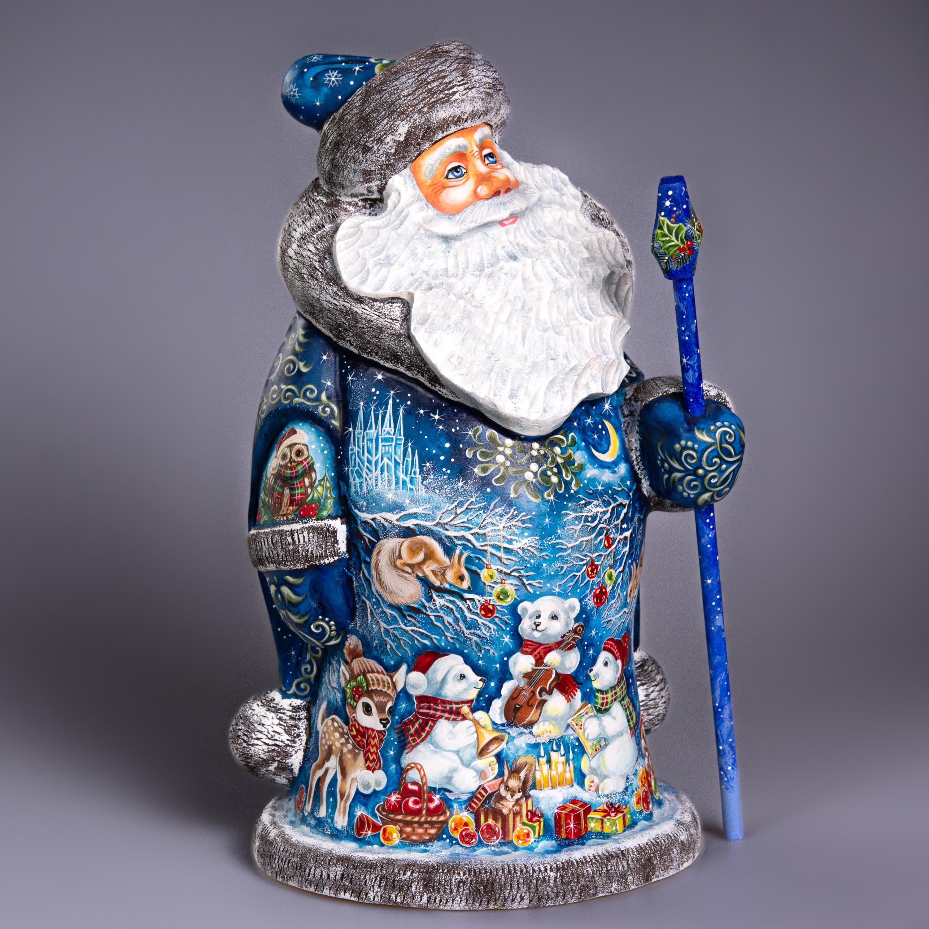 Collectible 14" Wooden Santa Figurine, Blue Coat & Woodland Animals – Holiday Decor