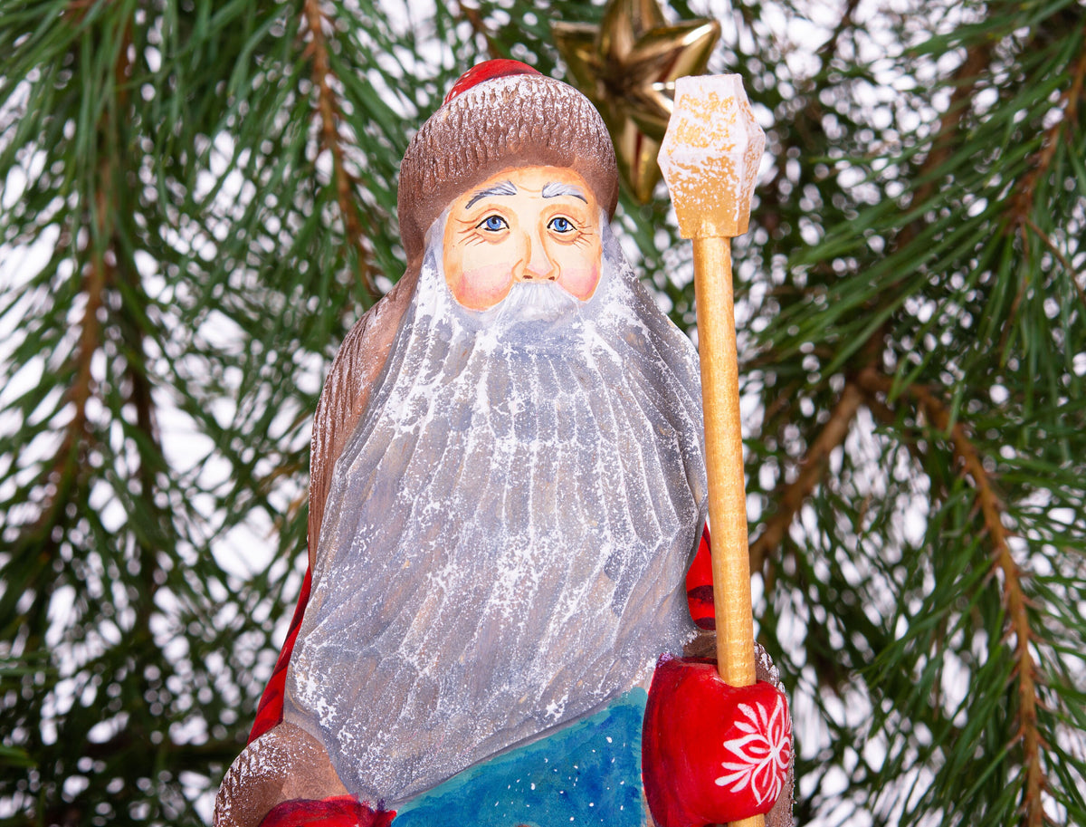 Santa figurine with staff, folk art hand painted girl scene, 8.3 inch