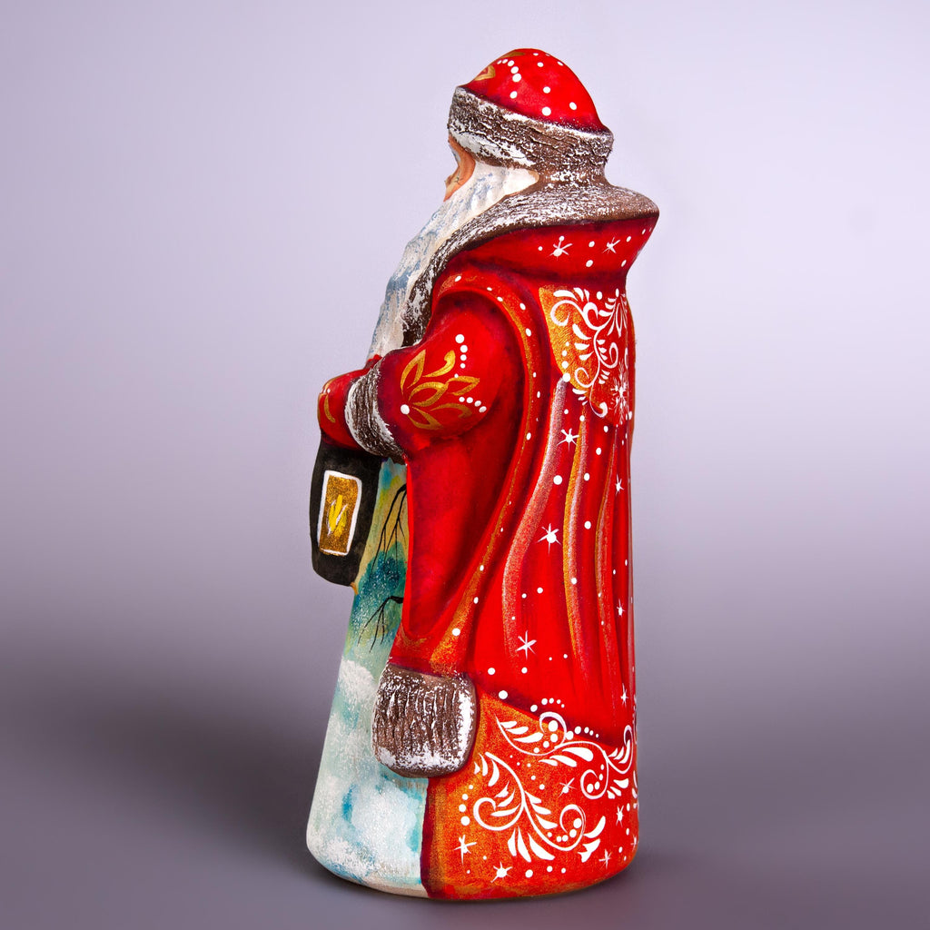 Hand carved Santa wooden figurine 7 inch with lantern, rabbits scene, mantel decor