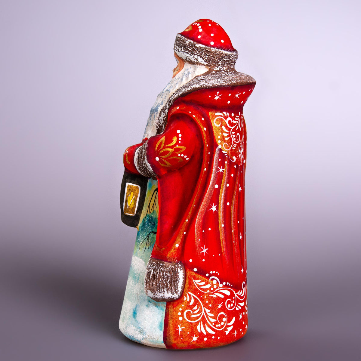 Hand carved Santa wooden figurine 7 inch with lantern, rabbits scene, mantel decor