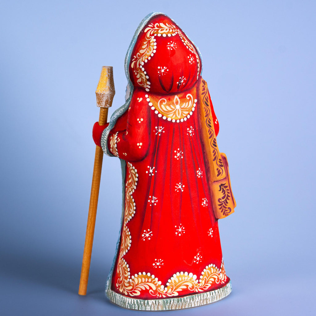 Hand carved Santa wooden figurine 9 inch with staff, winter village scene mantel decor