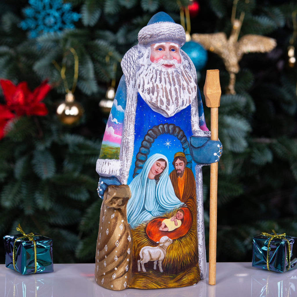 Old World Santa wooden figurine 9 inch, Holy Family manger, mantel decor